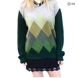 Express M Sweater Lamb wool argyle green vintage grandpa Unisex knit grunge *R19